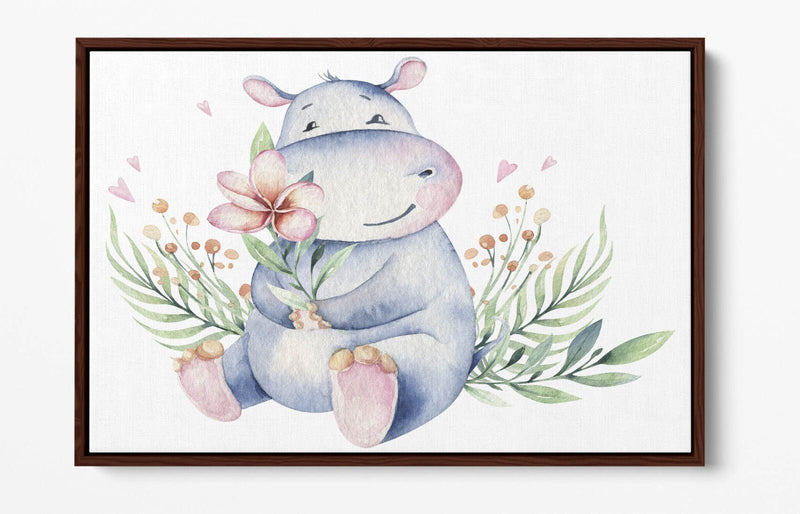 Watercolour Hippo Canvas - Cute Animal Print Floral Wall Art with Float Effect