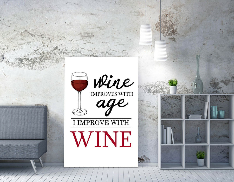 "I IMPROVE WITH WINE" FUNNY QUOTE SLOGAN KITCHEN -CANVAS WALL ART PICTURE PRINT