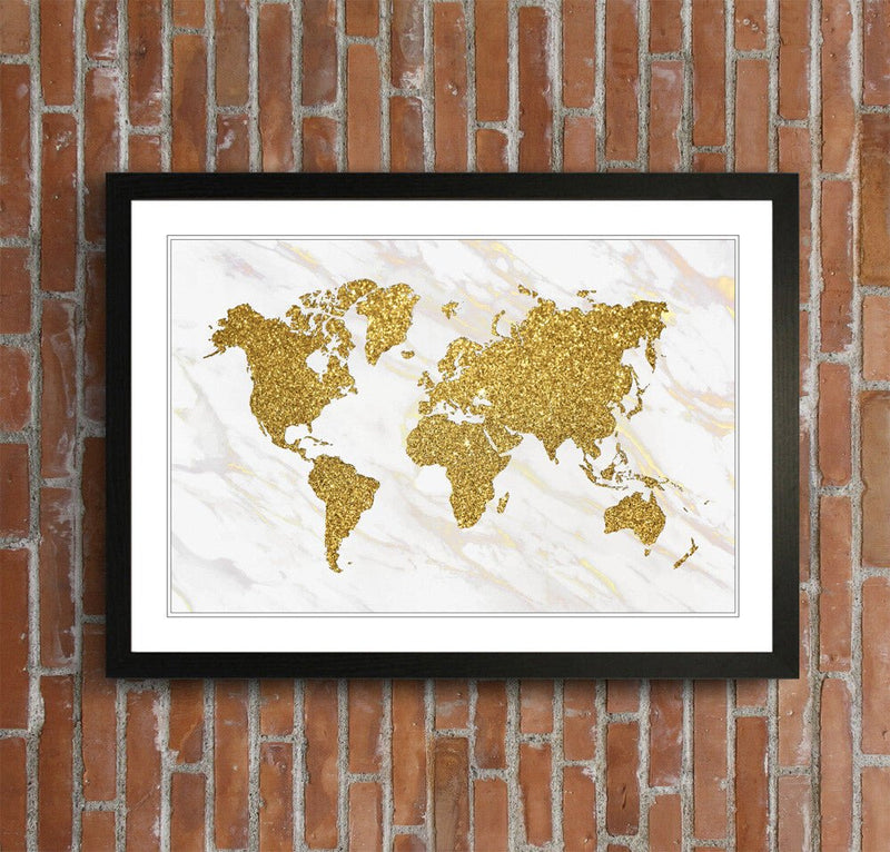 Marble Gold World Map Canvas Wall Art - Deep Framed UK Handmade Painting