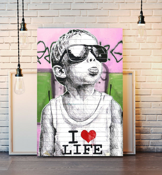 BANKSY I LOVE LIFE BOY CANVAS STREET WALL ART PRINT ARTWORK PINK GREEN