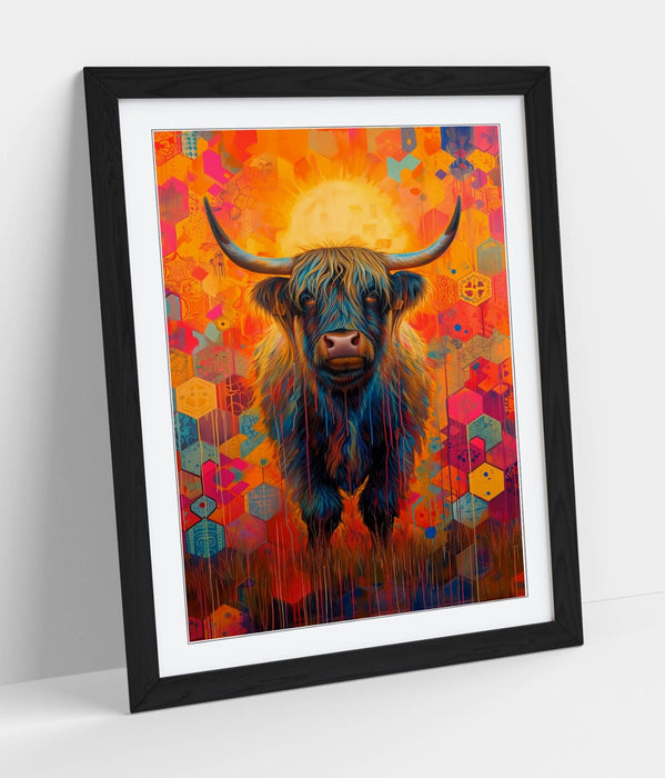 Highland Cow Wall Art – Multi Color Framed Hexagonal Pattern Poster Print