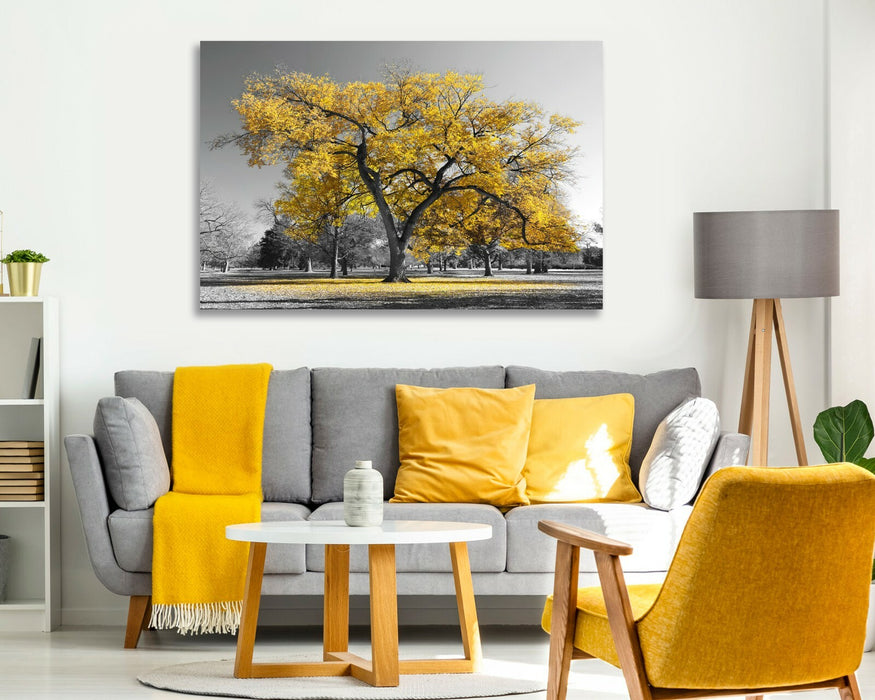 Canvas Wall Art Large Tree Yellow Leaf Print - Black White Decor, 30mm Deep Frame