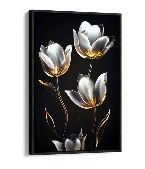 Canvas Wall Art - Silver And Gold Tulip Flower Print With Float Effect Frame
