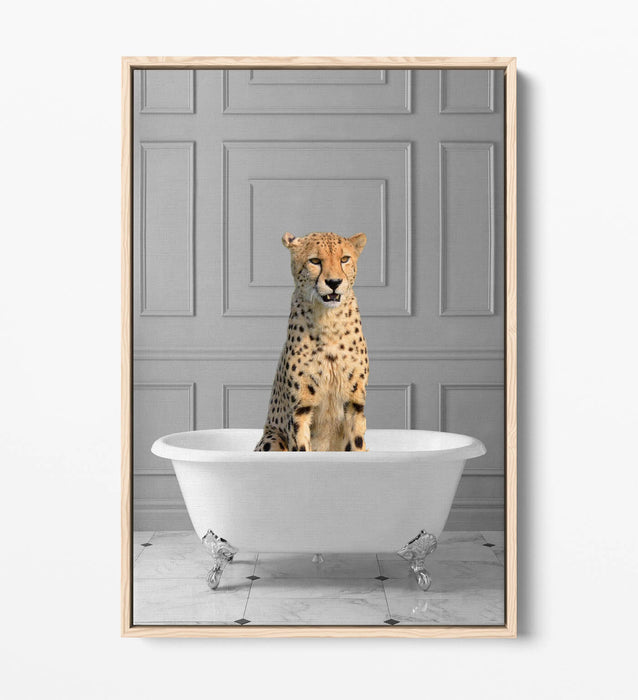 CHEETAH IN BATHTUB -QUIRKY BATHROOM FLOAT EFFECT CANVAS WALL ART PIC PRINT
