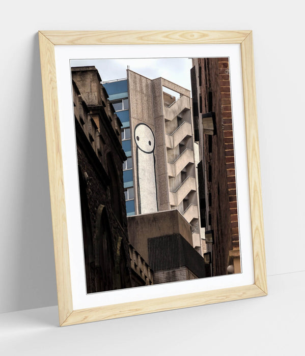 Framed Wall Art – Stick Man Poster Urban Street Art With Woodgrain Frame Finish