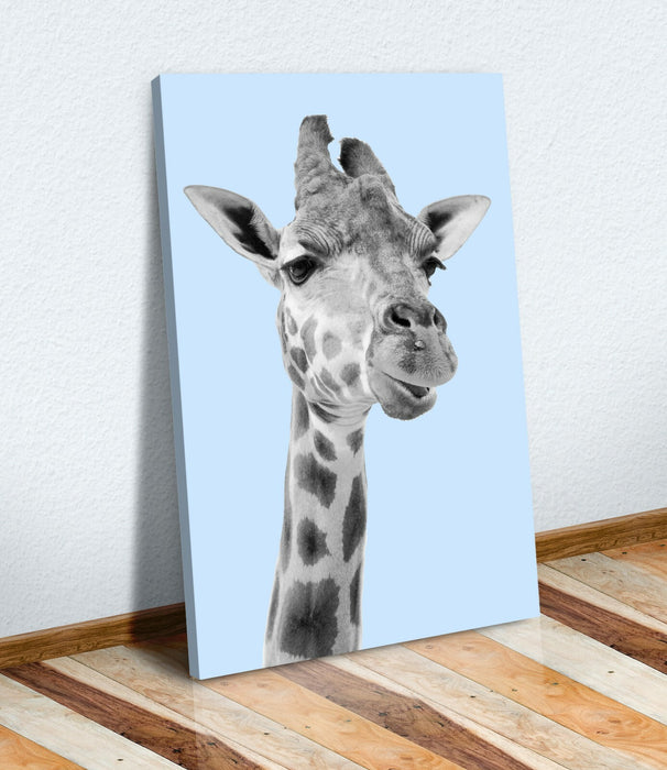 Giraffe Canvas Art – Baby Blue Black and White Print | Handmade Canvas Wall Decor