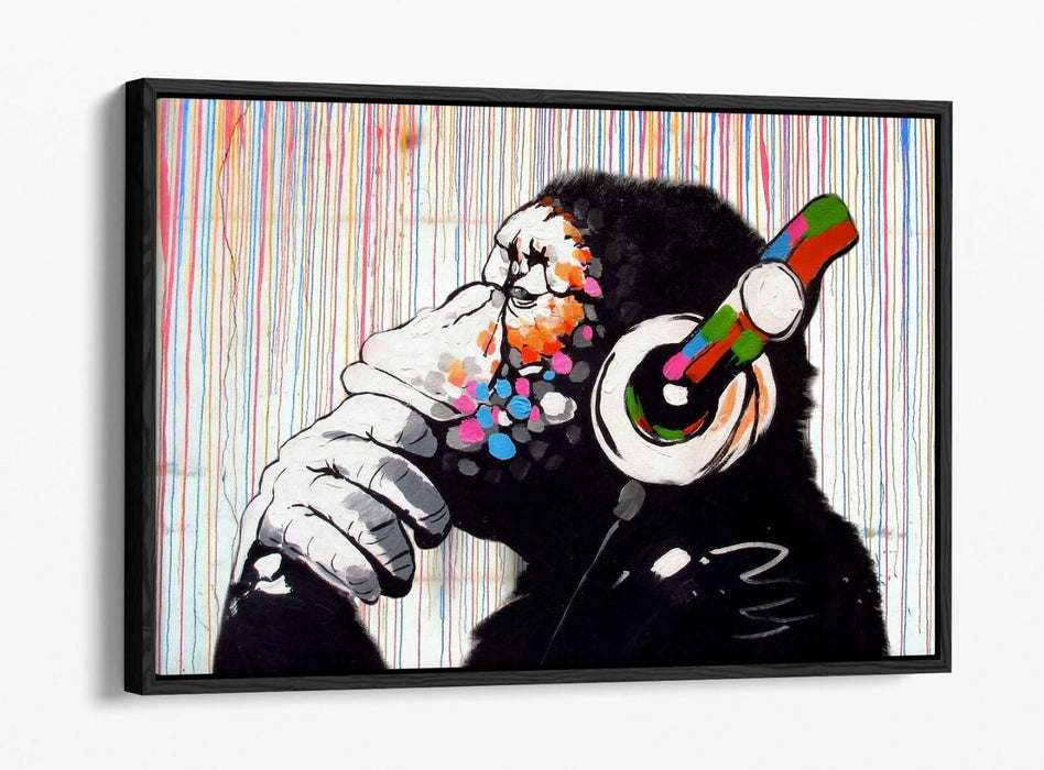 BANKSY DJ MONKEY RAIN -FLOAT EFFECT CANVAS WALL ART PIC PRINT- WHITE BLACK