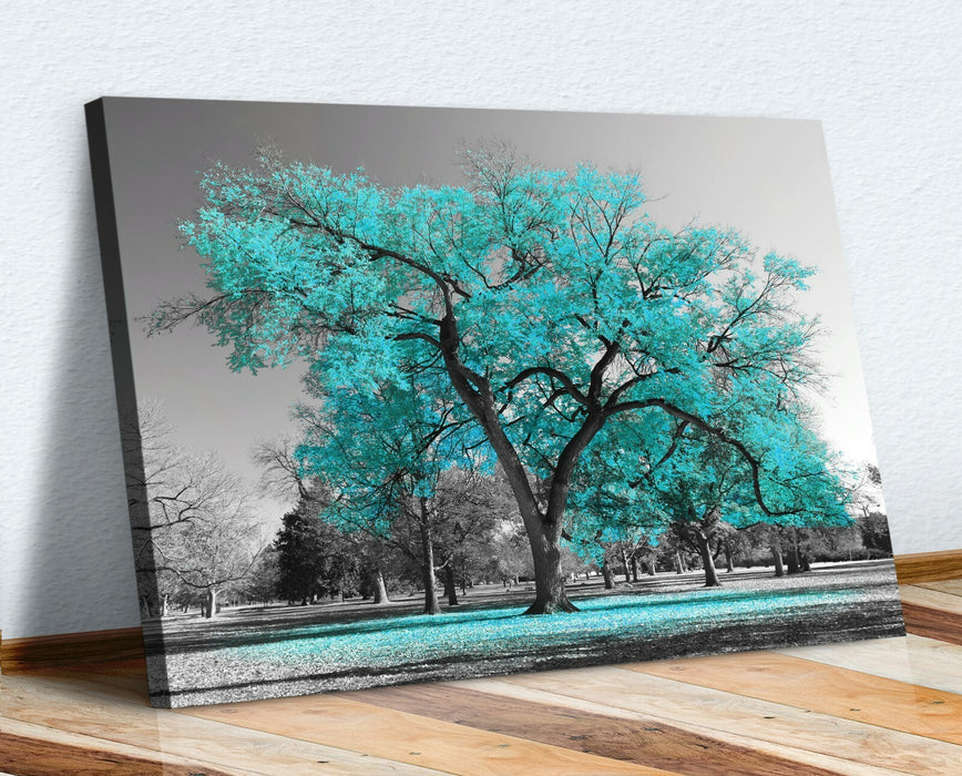 Canvas Wall Art – Large Teal Tree Painting with Turquoise Leaves on Black White Canvas