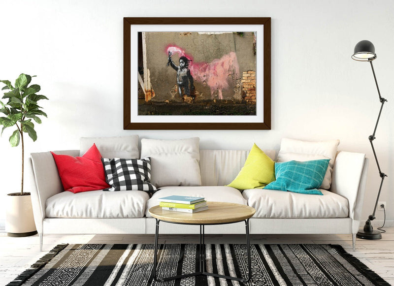 Banksy Wall Art – Handmade UK Framed Graffiti Poster Print With Woodgrain Frame