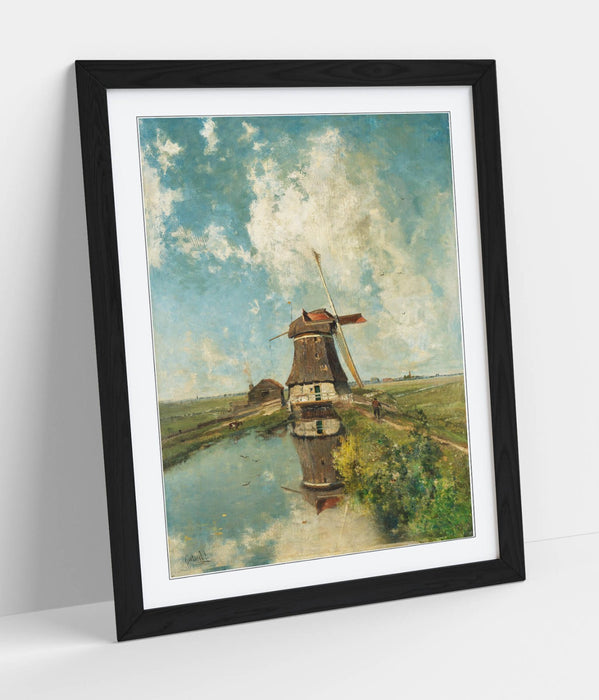 Framed Art Poster - Paul Gabriel Windmill On Polder Waterway, Matte Paper Print