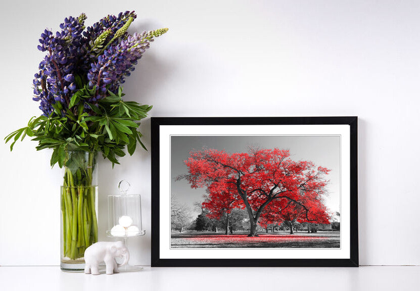 Framed Wall Art - Large Tree Red Leaves Poster With Natural Wood Frame