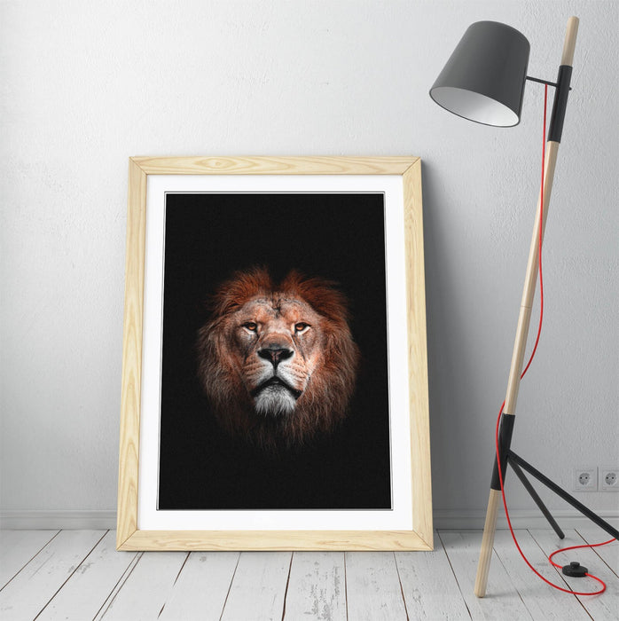 Lion Head Wall Art – Framed Darkness Photography Print with Faux Wood Frame