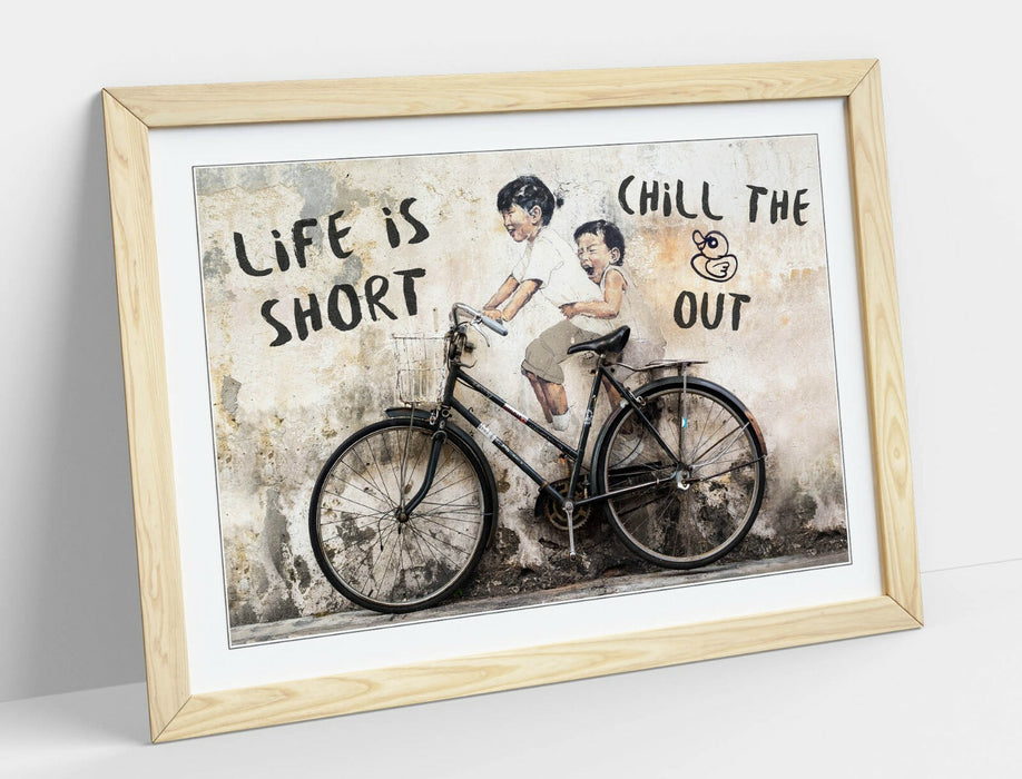 LIFE IS SHORT KIDS ON BIKE -ART FRAMED POSTER PICTURE PRINT ARTWORK- BEIGE BLACK