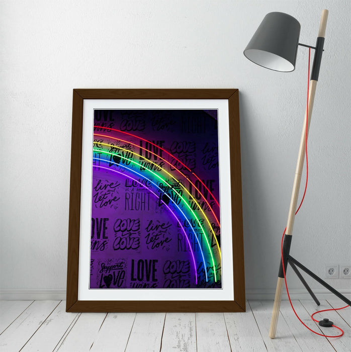 Neon Lights Rainbow Sign - Framed Poster Art With Woodgrain Frame Finish