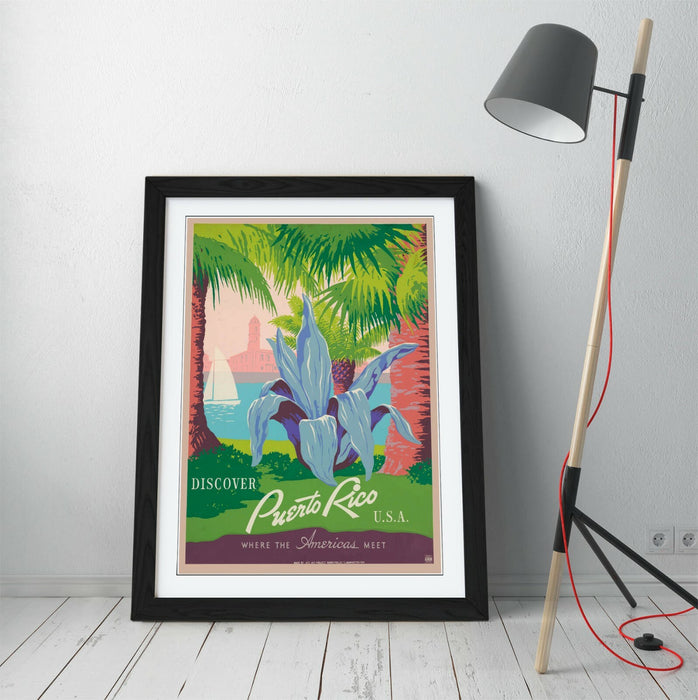 RETRO PUERTO RICO TRAVEL POSTER -FRAMED WALL ART PICTURE PRINT- BLUE PINK