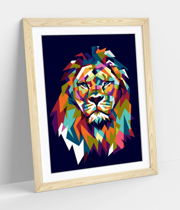 Geometric Lion Wall Art - Framed Multi Size Lion Head Print With Woodgrain Frame