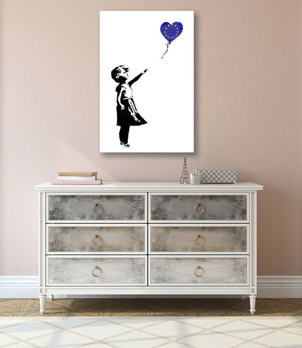 BANKSY BALLOON GIRL EUROPEAN EURO BLUE CANVAS WALL STREET ART PRINT FRAMED