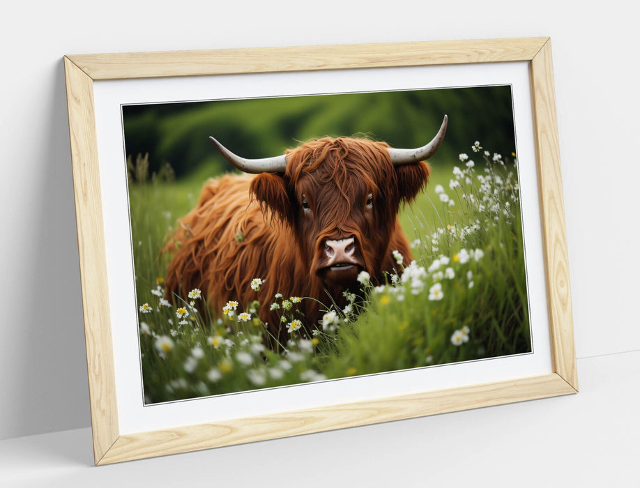 Highland Cow Wall Art – Framed Art Print With Flower Field Poster, Rustic Home Decor