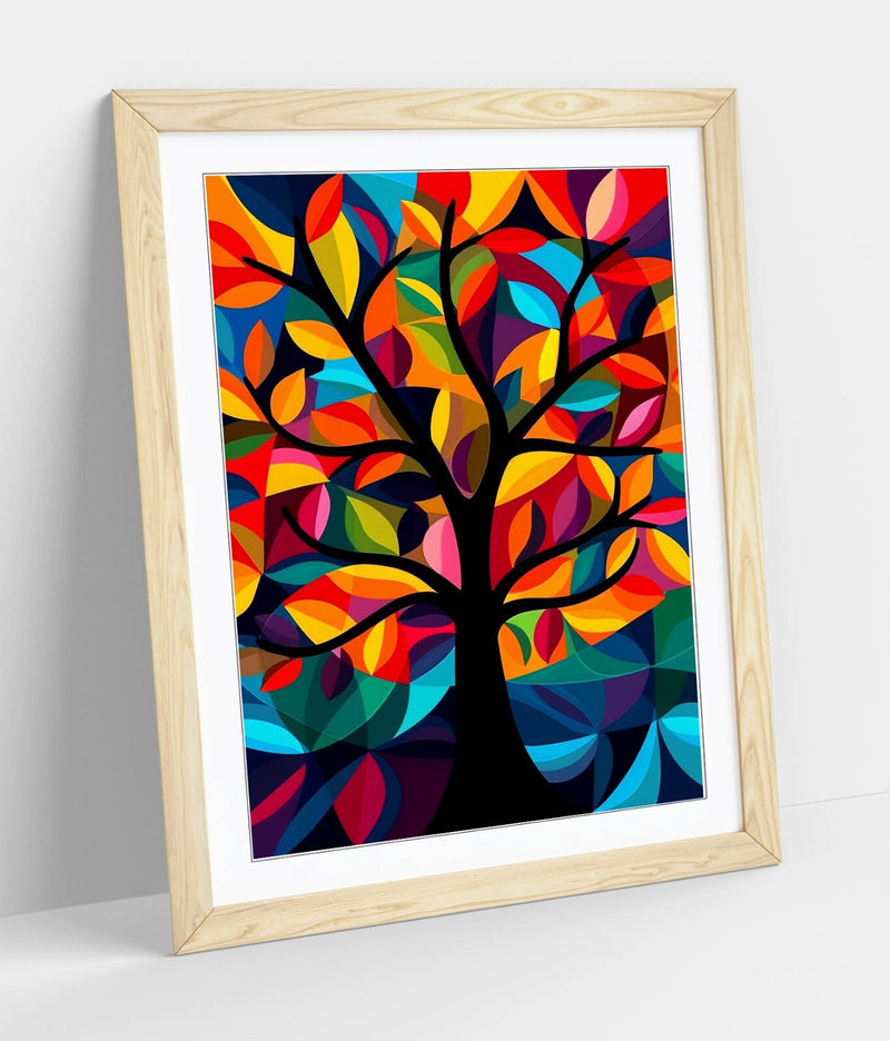 Framed Wall Art - Multi Colour Abstract Tree Print With Woodgrain Frame