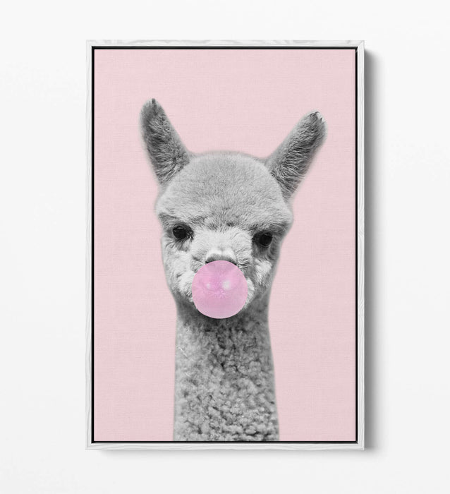 ALPACA BLACK WHITE BABY PINK BUBBLEGUM FLOAT EFFECT CANVAS WALL ART PIC PRINT