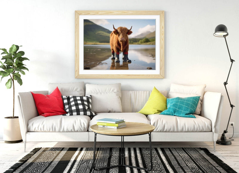 Highland Cow Wall Art - Framed Funny Animal Poster with Welly Boots Decor