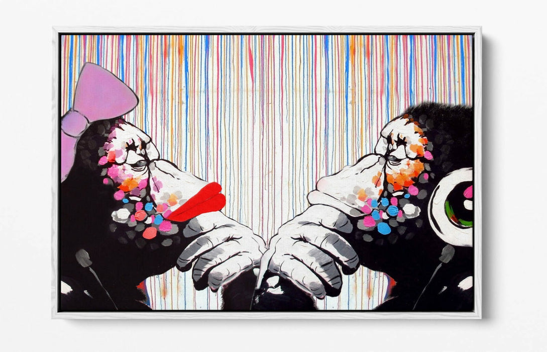 BANKSY DJ MONKEY THINKER DUO COLOUR RAIN -FLOAT EFFECT CANVAS WALL ART PIC PRINT