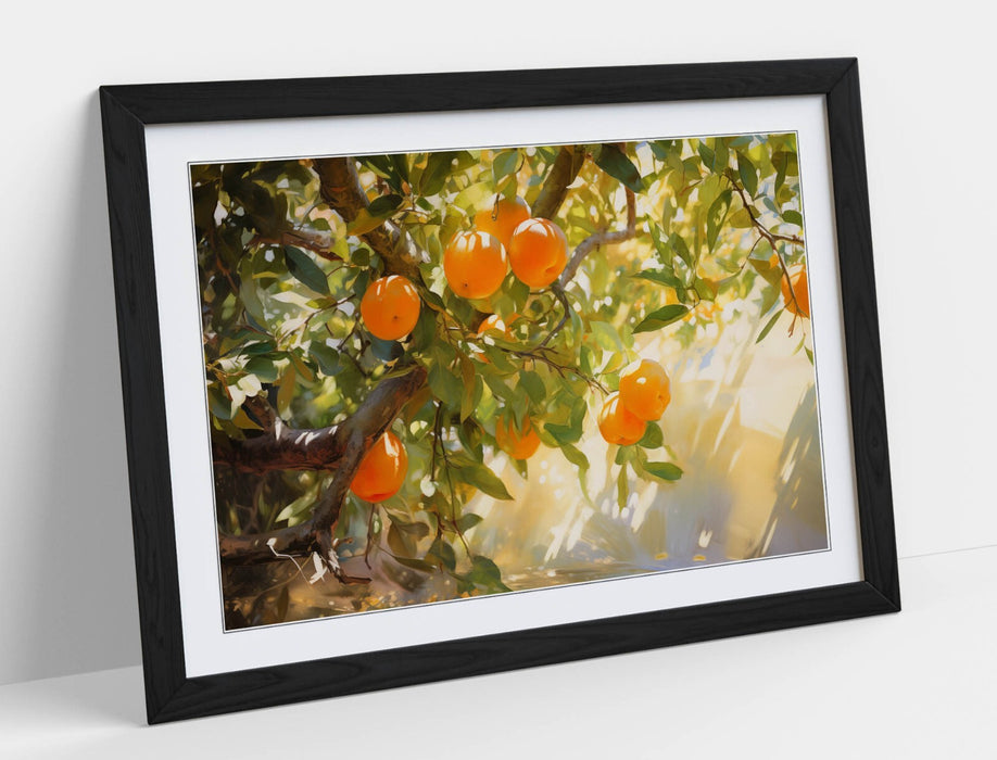 Orange Tree Wall Art - Framed Botanical Poster Print With Woodgrain Frame