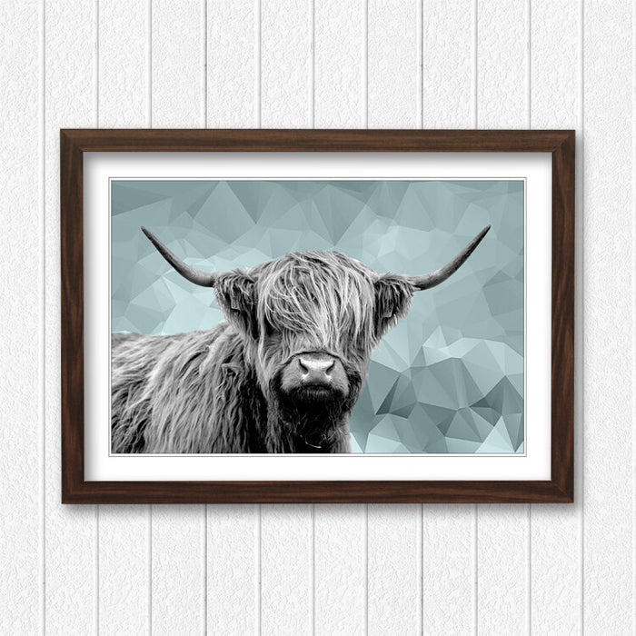HIGHLAND COW BLACK AND WHITE DUCK EGG BLUE GEO FRAMED POSTER WALL ART PRINT