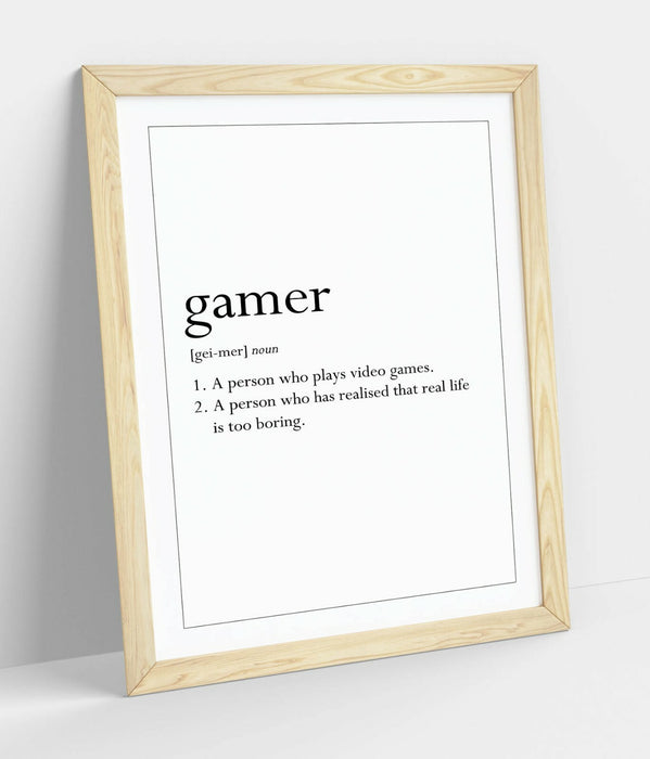 GAMER DEFINITION FUNNY QUOTE SLOGAN BEDROOM HOME -FRAMED WALL ART PICTURE PRINT