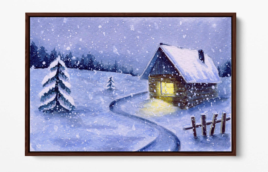 Canvas Wall Art Print – Watercolour Cabin Winter Snow Illustration on Float Effect Canvas