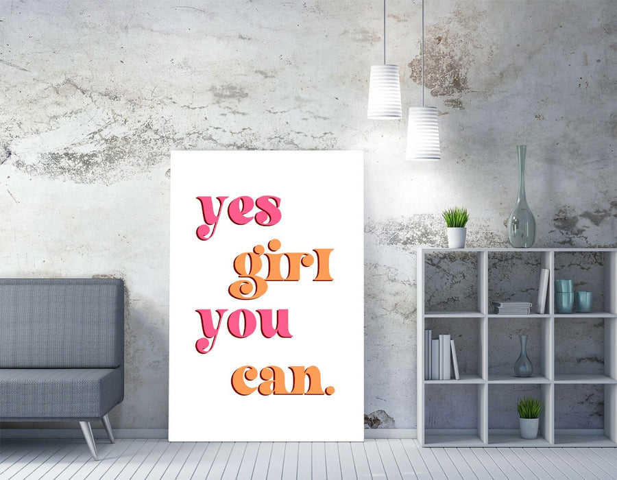 "YES GIRL YOU CAN" GROOVY FEMINIST SLOGAN -CANVAS WALL ART PICTURE PRINT
