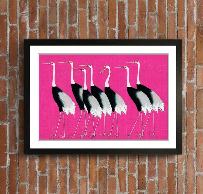 Framed Wall Art – Japanese Pink Crane Poster With Woodgrain Frame, Ready To Hang