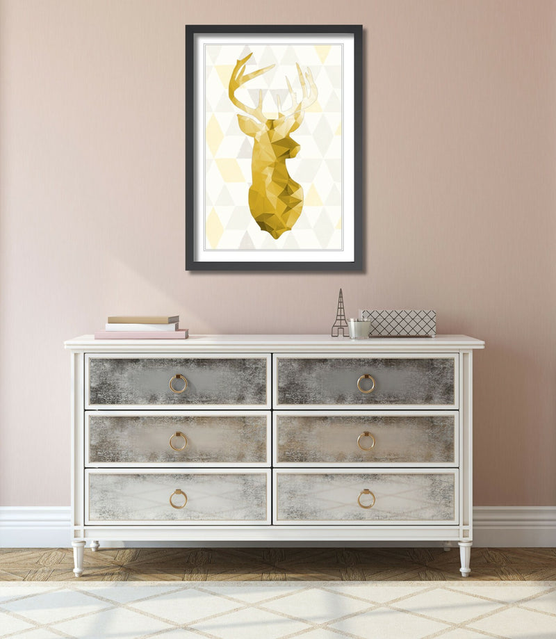 Framed Wall Art Print - Mustard Yellow Geometric Stag Head Artwork | Handmade UK
