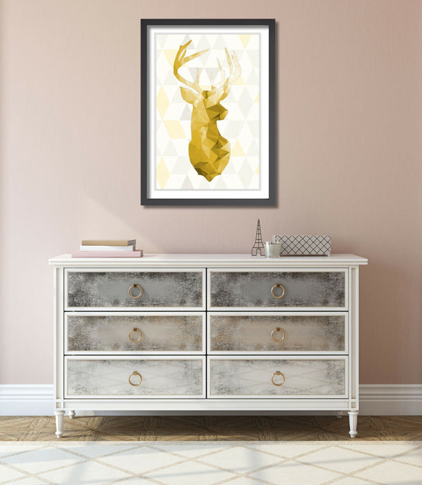 Framed Wall Art Print - Mustard Yellow Geometric Stag Head Artwork | Handmade UK