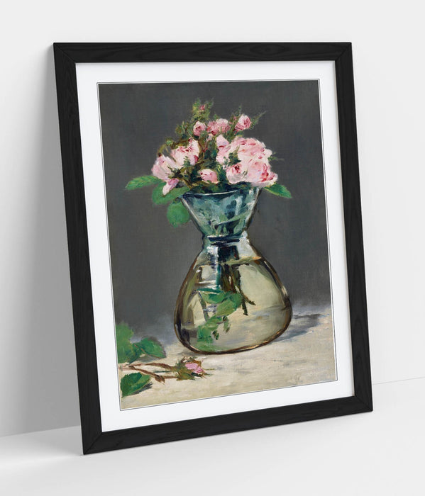 Framed Wall Art Poster - Edouard Manet Moss Roses In A Vase Print With Woodgrain Frame