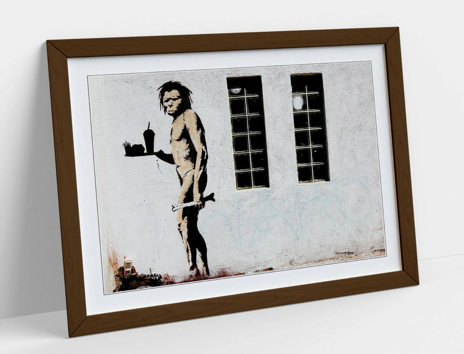 BANKSY FAST FOOD CAVEMAN -ART FRAMED POSTER PICTURE PRINT ARTWORK- GREY BLACK