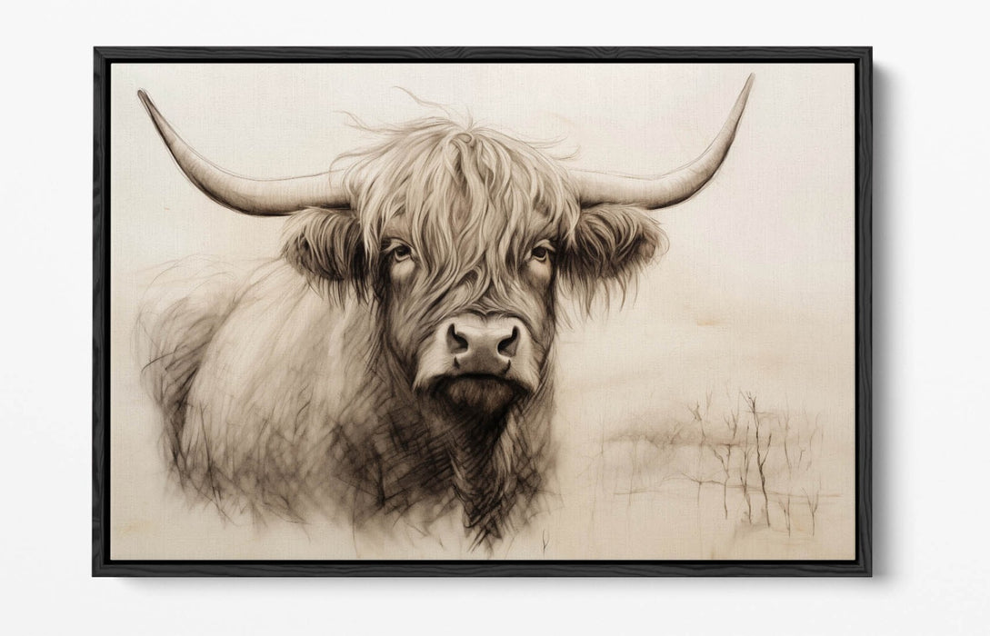Highland Cow Canvas - Charcoal Sketch Print | Float Effect Wall Art With Premium Varnish