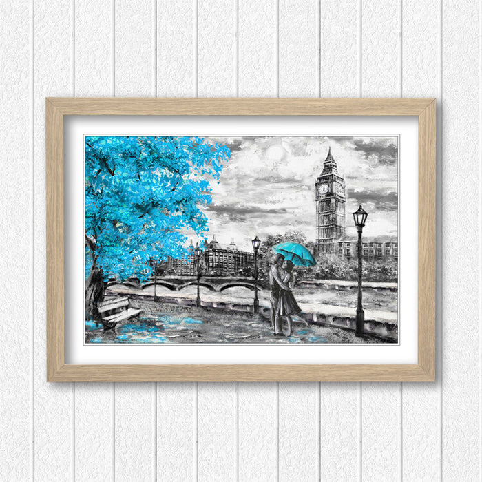 London Big Ben Grey Teal Umbrella Wall Art Picture Framed Poster Print 4 sizes