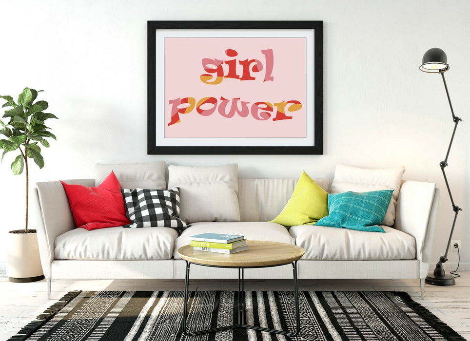 "GIRL POWER" GROOVY FEMINIST QUOTE 3 -FRAMED WALL ART PICTURE PRINT- PINK YELLOW