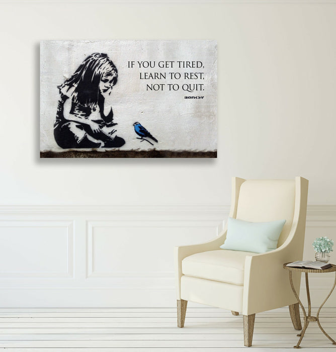 BANKSY GIRL BLUE BIRD QUOTE LEARN TO REST CANVAS WALL STREET ART PRINT GRAFFITI