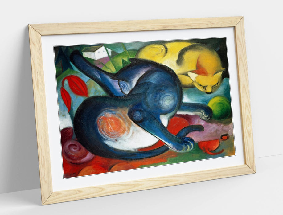Framed Wall Art Poster – Two Cats Blue Yellow Print | Handmade MDF Wood Frame