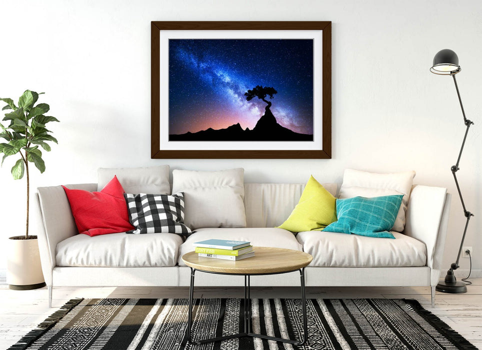 Framed Wall Art - Tree Silhouette Print With Blue Night Sky Starry Decor