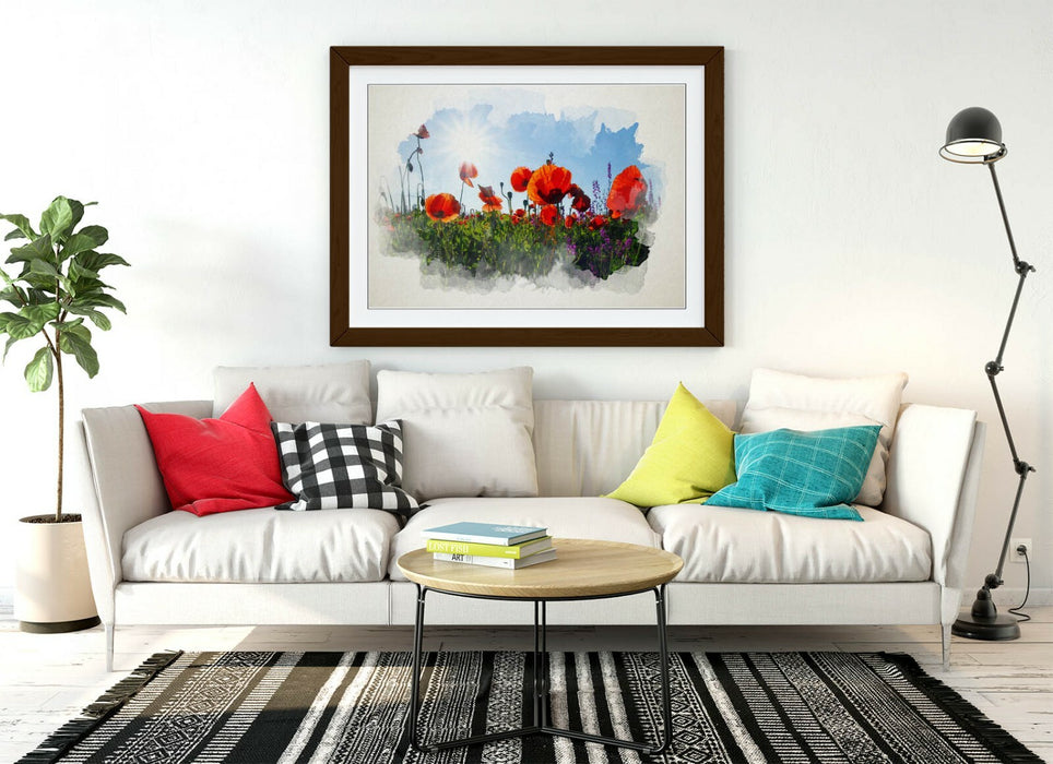 Framed Wall Art - Poppy Field Watercolour Painting With Natural Wood Frame