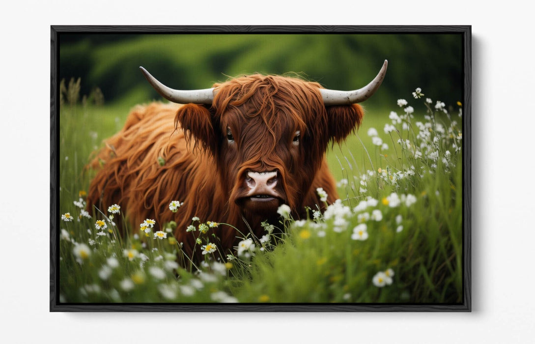 HIGHLAND COW FLOWER FIELD HOME DECOR DIGITAL FLOAT EFFECT CANVAS ART PIC PRINT