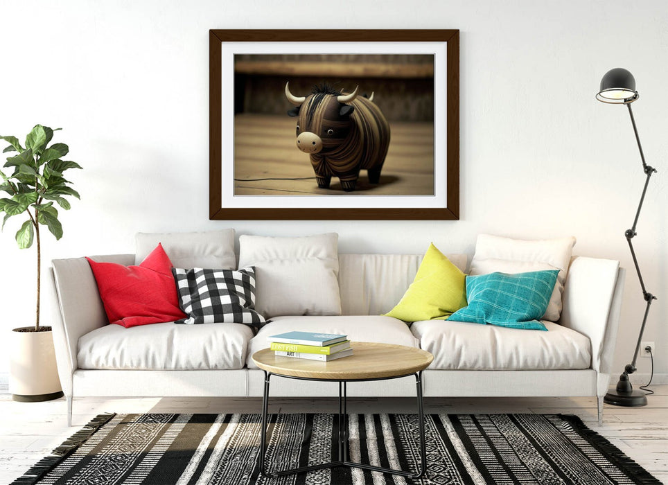 Wooden Highland Cow Art – Framed Wall Art With Wood Grain Frame | Rustic Animal Decor