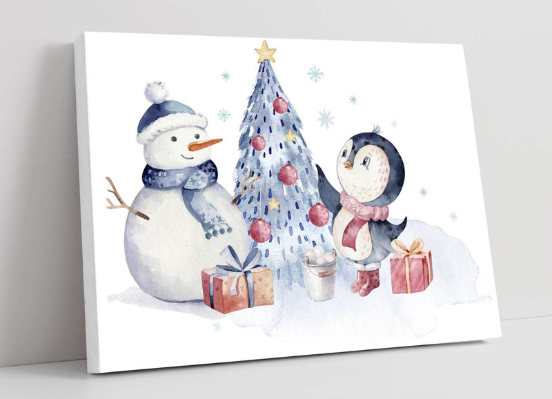 Christmas Canvas Art - Handmade UK Penguin Snowman Painting | Festive Wall Decor