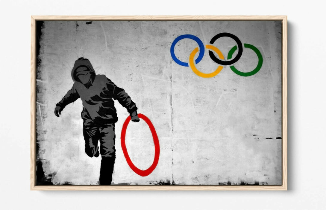 BANKSY OLYMPIC RINGS -FLOAT EFFECT CANVAS WALL ART PIC PRINT- RED YELLOW BLUE