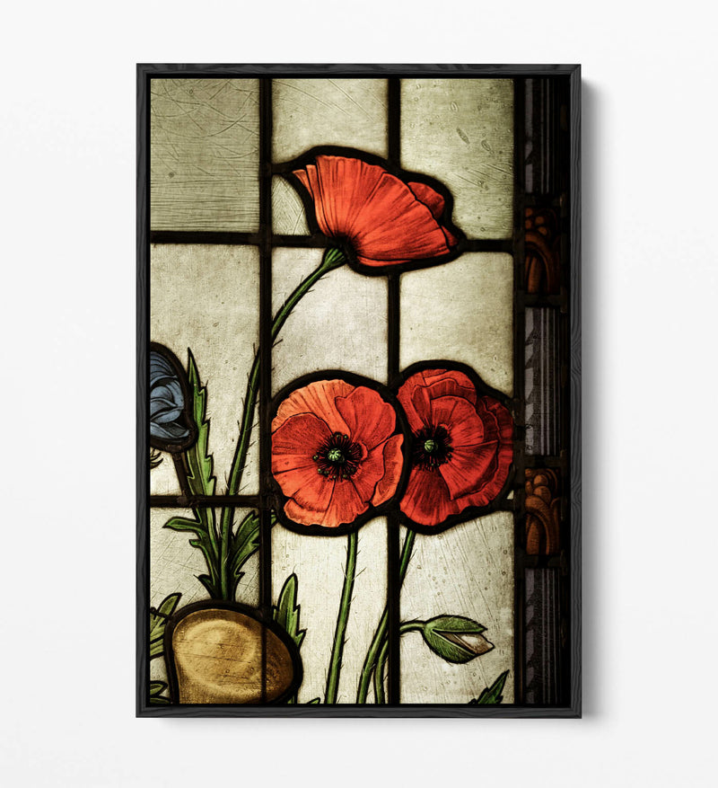 Float Effect Canvas Art - Stained Glass Poppies, Red Beige Wall Decor, Handmade UK