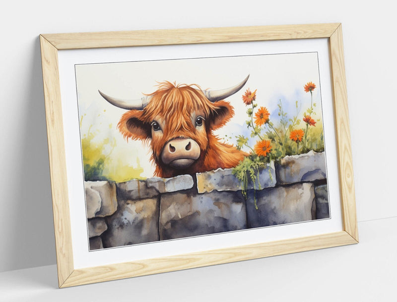 Highland Cow Wall Art – Framed Rustic Home Decor with Woodgrain Frame