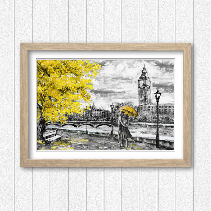 London Big Ben Grey Yellow Umbrella Wall Art Picture Framed Poster Print 4 sizes